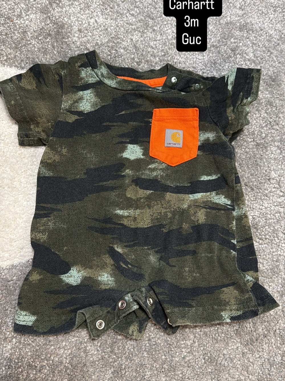 Carhartt Green Camo Short-Sleeve Romper with Orange Pocket